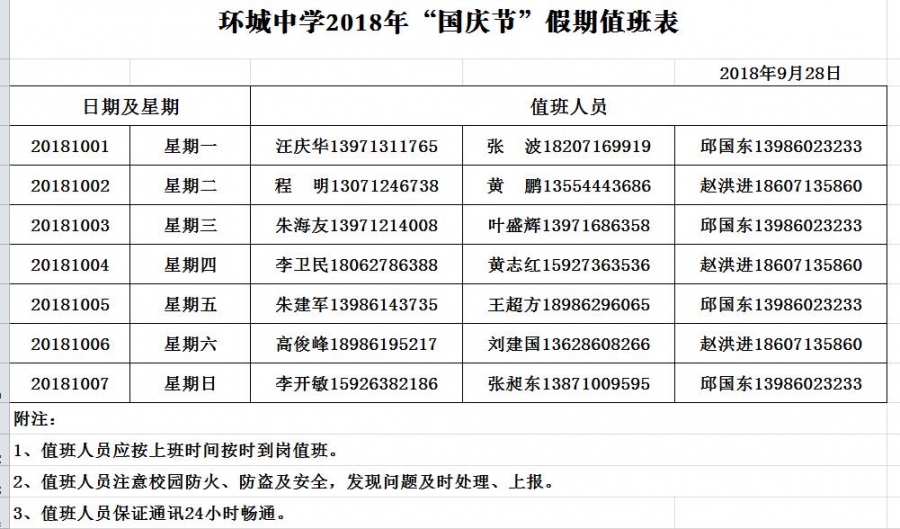 环城中学2018年国庆节假期值班表